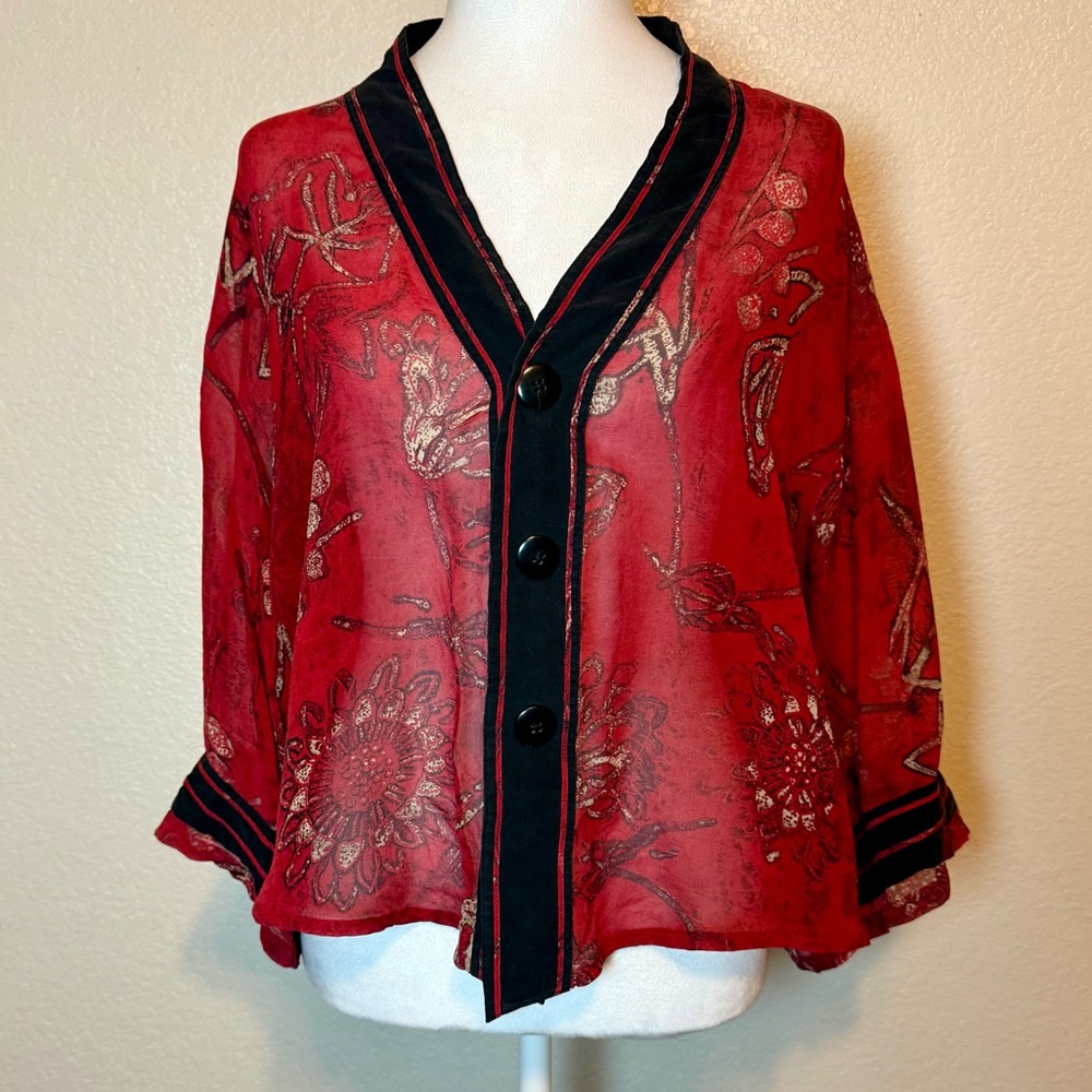 Chico’s Sheer Silk Shrunken Kimono Top Jacket Shacket Red Black Size Medium - Picture 14 of 14